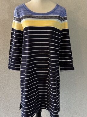 T by Talbots Striped Sheath Dress Womens Large Navy White Yellow Knit